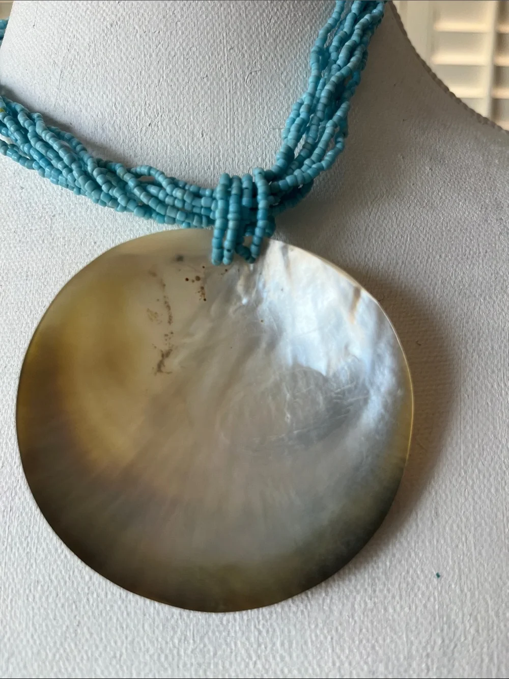 Vintage Capiz Shell Necklace | Multi-Strand Blue Beads | Coastal Boho Chic
